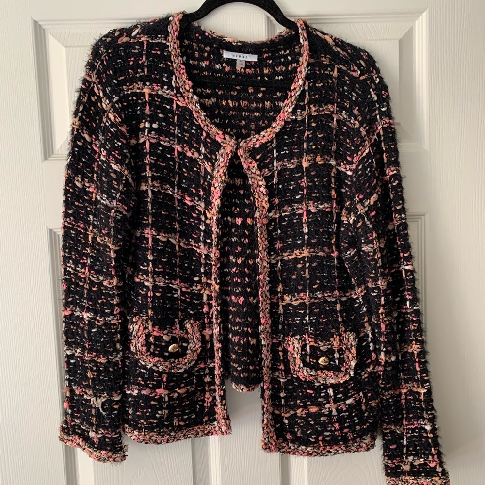 Elegant Black and Pink Tweed Sweater/Cardigan